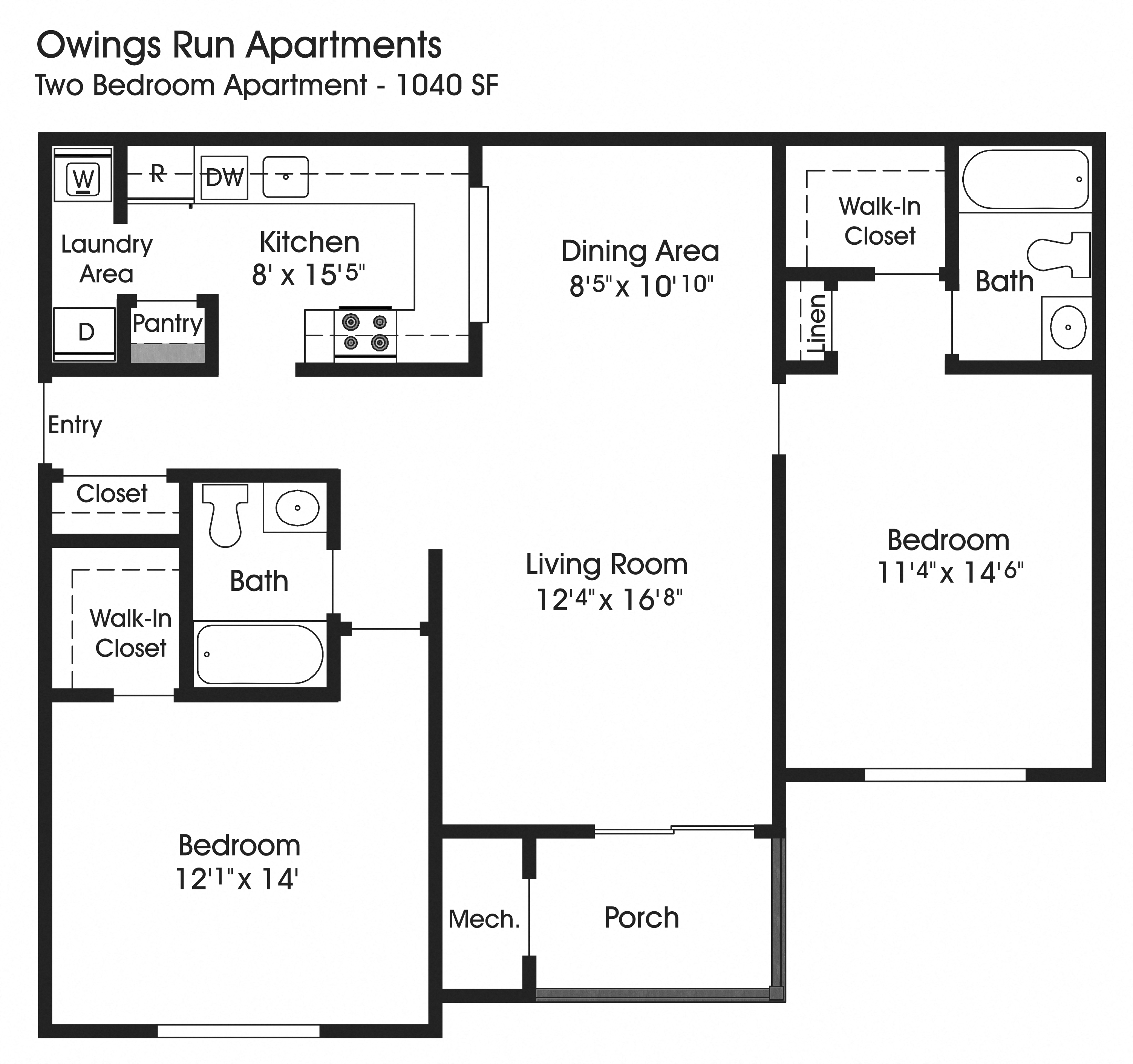 Floor plan for 2 beds, 2 baths, 1040 sqft